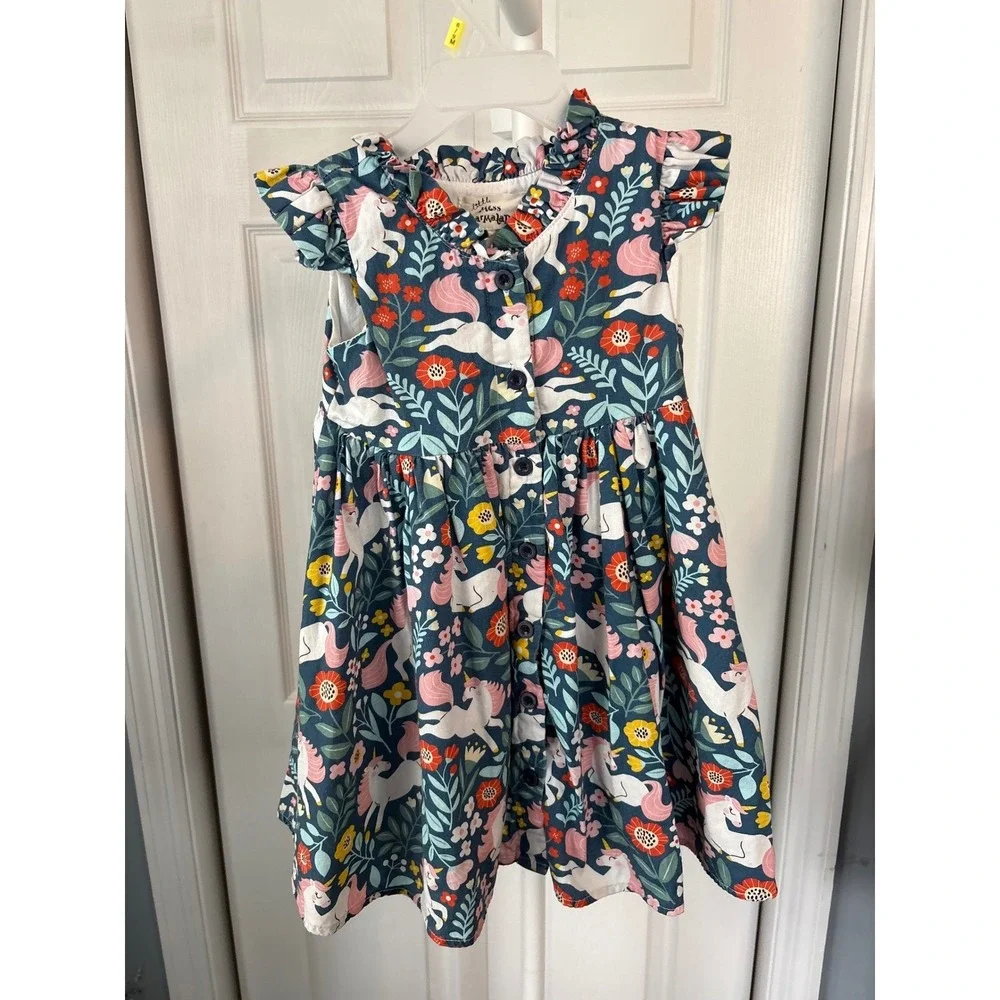 Little Miss Marmalade Girls Unicorn Floral Ruffle Dress Navy Blue Button Front